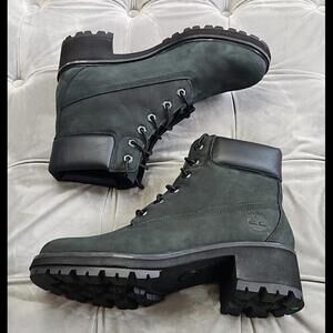 Timberland Kinsley Black Suede Mid Calf Combat Heels Boots Womens Shoes 9.5 New